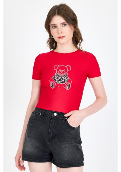 Kırmızı Ayıcık Baskılı Leopar Detaylı Slim Fit Crop Tişört 0549