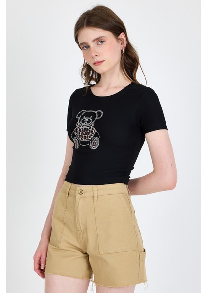 Siyah Ayıcık Baskılı Leopar Detaylı Slim Fit Crop Tişört 0549 fiyatları