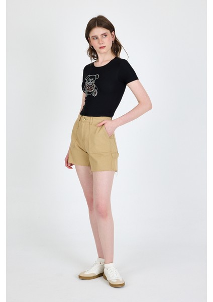Siyah Ayıcık Baskılı Leopar Detaylı Slim Fit Crop Tişört 0549 modelleri