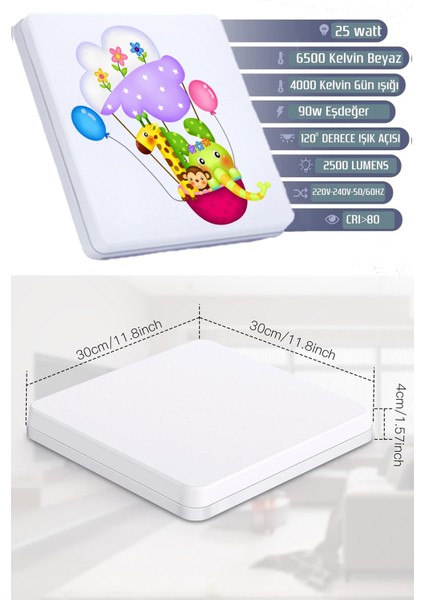 Lüks Çocuk Odası Avize 25WATT-30 cm x 30 cm Lüks LED Aydınlatma, Hayvan Dostlar Çocuk Odası Avize