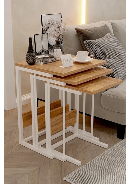 3'lü Zigon Sehpa Atlantik Çam Beyaz Sehpa Metal Ayaklı Servis Sehpası