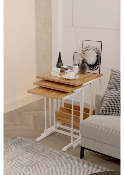 3'lü Zigon Sehpa Atlantik Çam Beyaz Sehpa Metal Ayaklı Servis Sehpası fiyatları