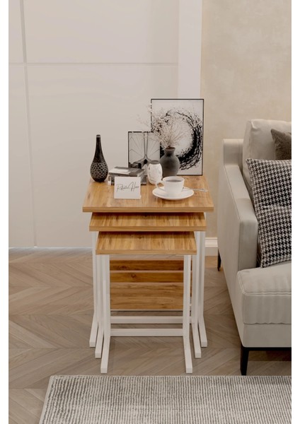 3'lü Zigon Sehpa Atlantik Çam Beyaz Sehpa Metal Ayaklı Servis Sehpası modelleri