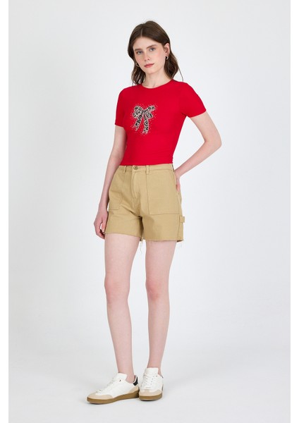 Kırmızı Leopar Fiyonk Baskılı Taş Detaylı Slim Fit Crop Tişört 0549-1 modelleri