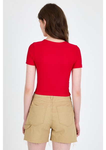 Kırmızı Leopar Fiyonk Baskılı Taş Detaylı Slim Fit Crop Tişört 0549-1 indirimleri