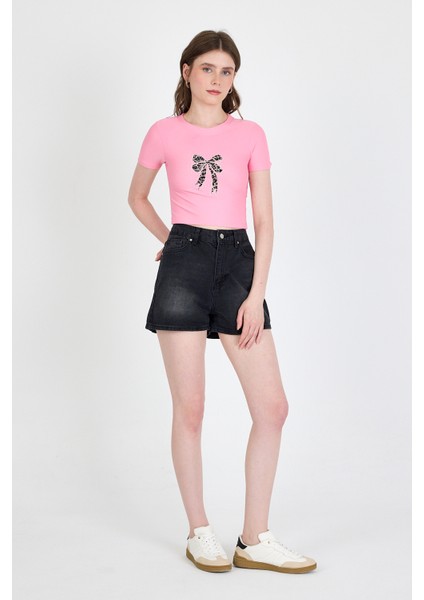 Pembe Leopar Fiyonk Baskılı Taş Detaylı Slim Fit Crop Tişört 0549-1 modelleri