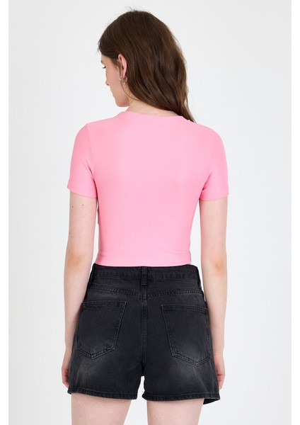Pembe Leopar Fiyonk Baskılı Taş Detaylı Slim Fit Crop Tişört 0549-1 indirimleri