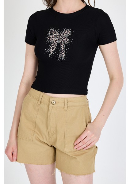 Siyah Leopar Fiyonk Baskılı Taş Detaylı Slim Fit Crop Tişört 0549-1 fırsatları