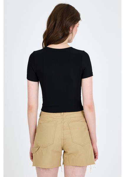 Siyah Leopar Fiyonk Baskılı Taş Detaylı Slim Fit Crop Tişört 0549-1 indirimleri