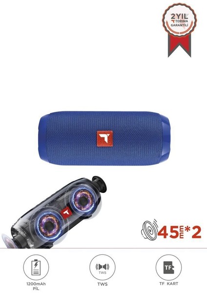 D47 Mavi Bluetooth Hoparlör Kablosuz Taşınabilir Ses Bombası Tws, Usb, Tf Kart, 1200 Mah