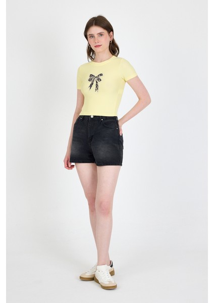 Sarı Leopar Fiyonk Baskılı Taş Detaylı Slim Fit Crop Tişört 0549-1 modelleri