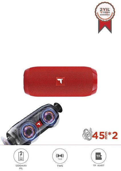 D47 Kırmızı Bluetooth Hoparlör Kablosuz Taşınabilir Ses Bombası Tws, Usb, Tf Kart, 1200 Mah