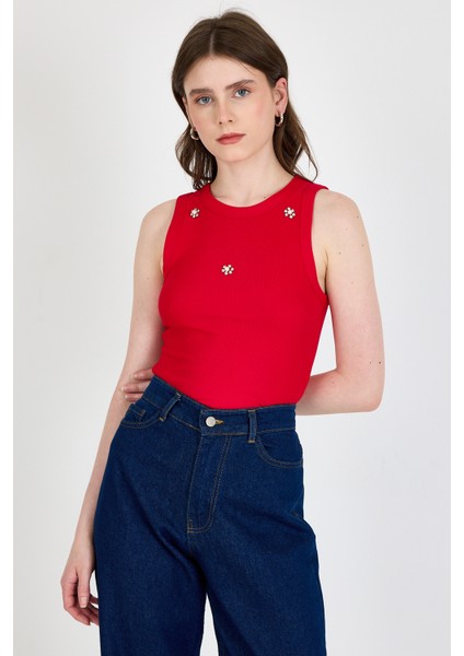 Kırmızı Inci Taş Detaylı Halter Yaka Ribanalı Atlet 0649