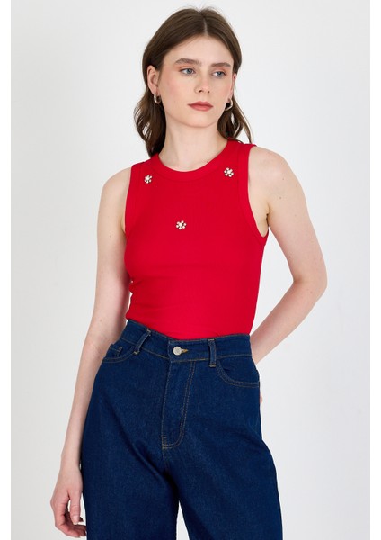 Kırmızı Inci Taş Detaylı Halter Yaka Ribanalı Atlet 0649 modelleri