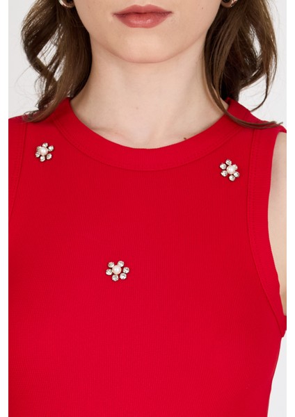 Kırmızı Inci Taş Detaylı Halter Yaka Ribanalı Atlet 0649 fırsatları