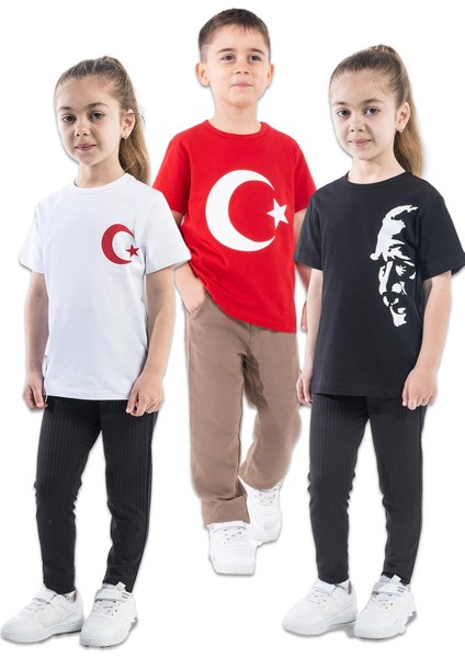 Türk Bayraklı Atatürk Baskılı T-Shirt (3 Adet Fiyatı) 4-14 Yaş Kız-Erkek Ksb