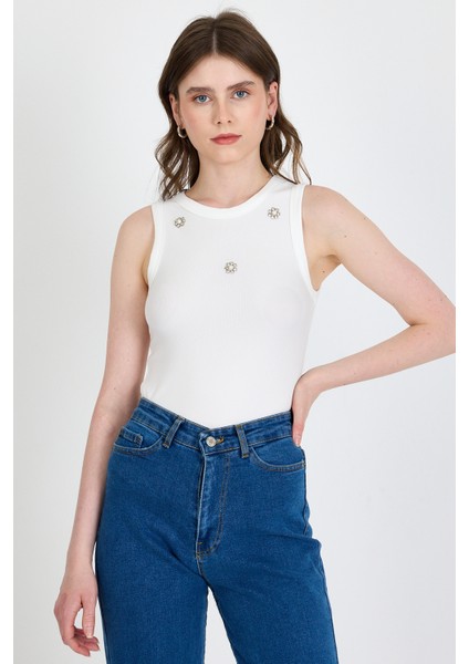 Ekru Inci Taş Detaylı Halter Yaka Ribanalı Atlet 0649