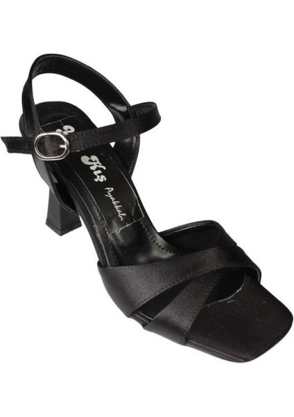 Yazkış Kadın Siyah Gümüş Saten Çapraz Bantlı 9cm Kadeh Topuk Bilekten Bağlamalı Ayakkabı