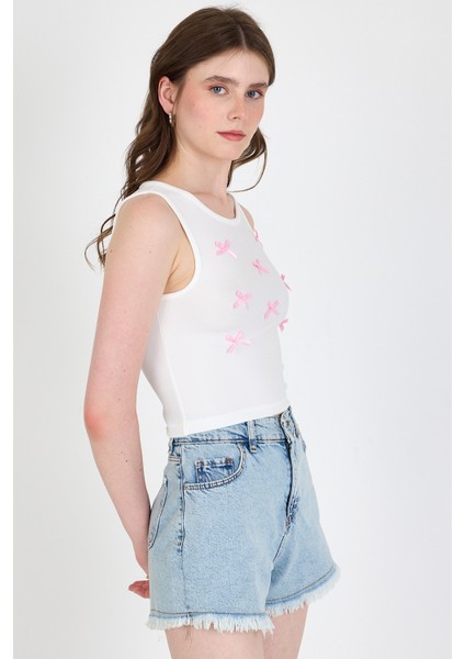 Ekru Fiyonk Işlemeli Crop Örme Atlet 0849 fiyatları