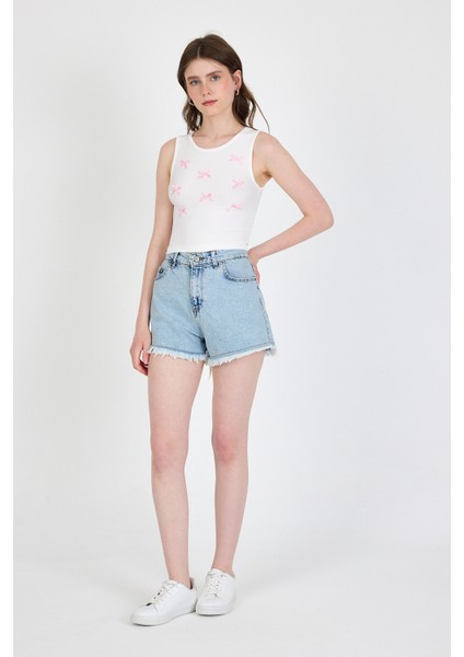 Ekru Fiyonk Işlemeli Crop Örme Atlet 0849 modelleri
