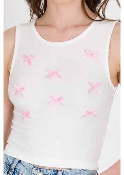 Ekru Fiyonk Işlemeli Crop Örme Atlet 0849 fırsatları