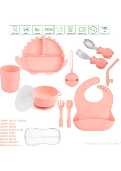 Silikon Beslenme Seti / Dinazor Figürlü Vakumlu Silikon Mama Tabağı, Kapaklı Kase, Bardak, Pipet, Emzik Kılıfı, Çatal, Kaşık, Önlük, Paslanmaz Çelik Çatal, Kaşık ve Saklama Kutusu / Pembe