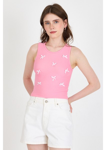 Pembe Fiyonk Işlemeli Crop Örme Atlet 0849
