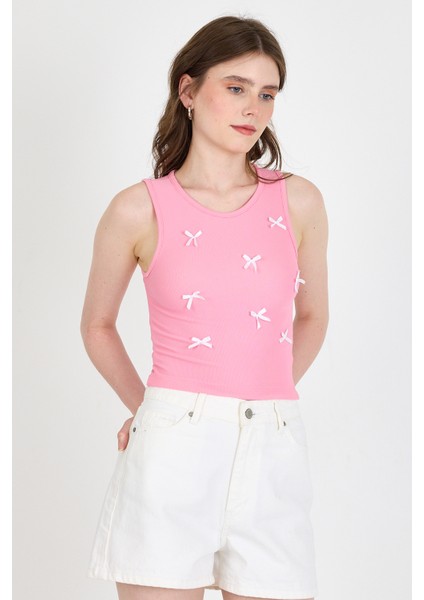 Pembe Fiyonk Işlemeli Crop Örme Atlet 0849 fiyatları