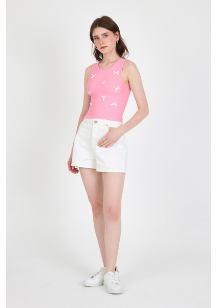Pembe Fiyonk Işlemeli Crop Örme Atlet 0849 modelleri