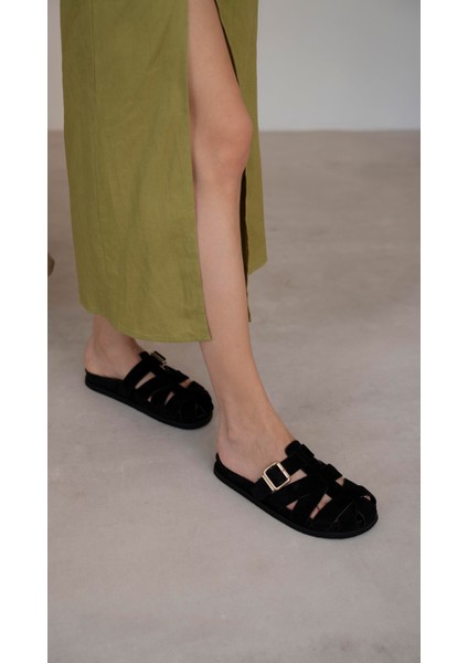 Yoshi Bej Süet Kemer Toka Detaylı Düz Taban Kadın Terlik fırsatları