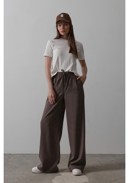 Beli Lastikli Bol Paça Pantolon - Kahve