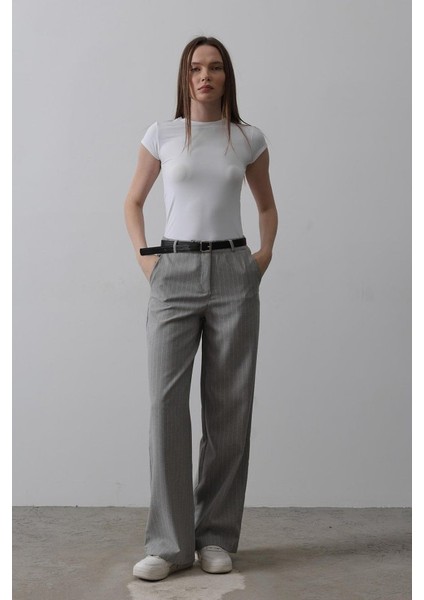 Kemerli Palazzo Pantolon - Gri-Beyaz