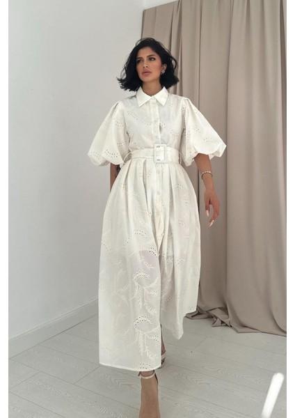 Ekru Pileli Balkon Elbise
