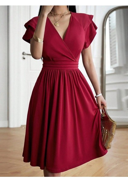 Kadın Kısa Fırfır Kollu Kruvaze Yakalı Kiloş Janjan Krep Elbise