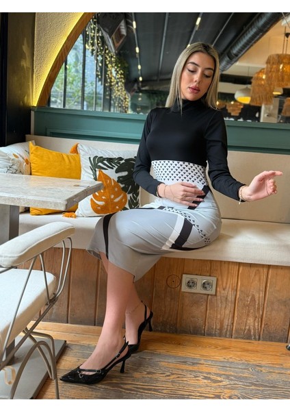 Kadın Uzun Kollu Balıkçı Yaka Dalgıç Midi Boy Elbise