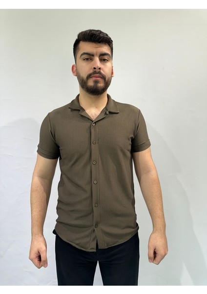 Haki Renk Dikey Çizgili Erkek Gömlek