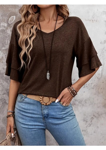 Kadın Kısa Kollu V Yakalı Viskon Bluz modelleri