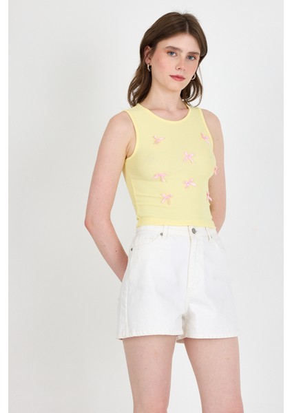 Sarı Fiyonk Işlemeli Crop Örme Atlet 0849