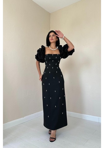 Siyah Işlemeli Kolu Garnili Elbise fiyatları