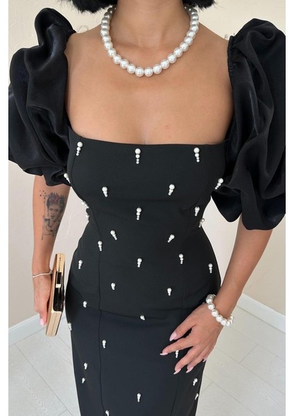 Siyah Işlemeli Kolu Garnili Elbise fırsatları