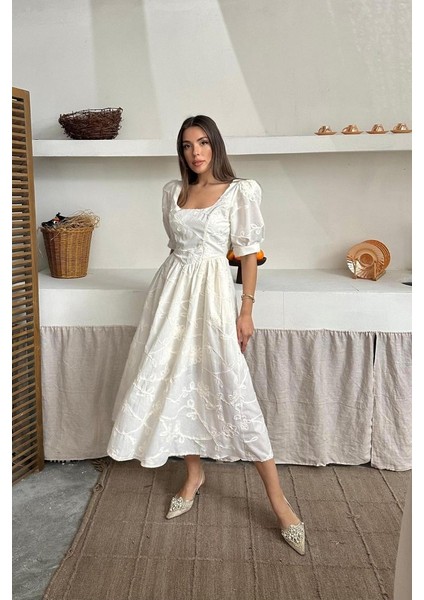 Bej Balon Kollu Brode Elbise fiyatları