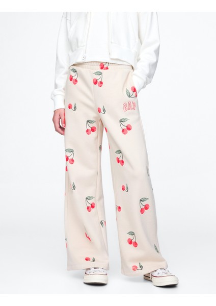 Kız Çocuk Bej Relaxed Wide Leg Fransız Havlu Kumaşı Eşofman Altı