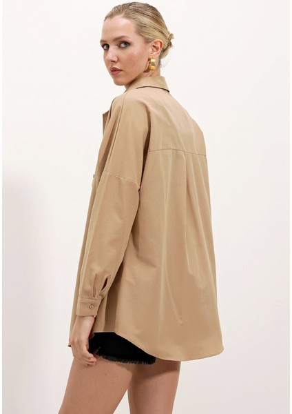 3900 Oversize Uzun Basic Gömlek - Bisküvi