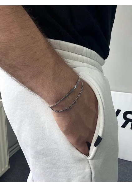 Silver İki Zincir Erkek Ayna Kadın Bileklik Unısex Paslanmaz Çelik Kararmaz Renk Atmaz Ayarlanabilir