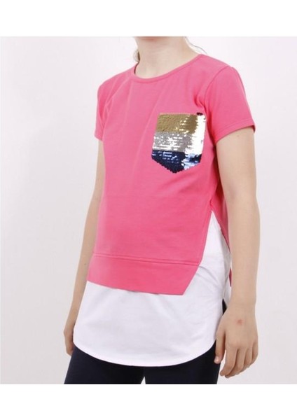 Kız Çocuk Göğsü Cepli Pul Nakışlı Tişört