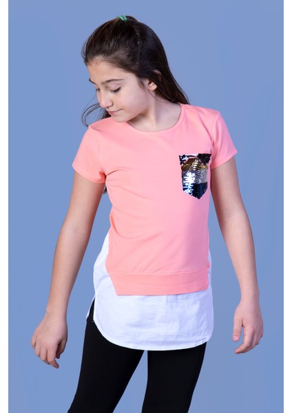Kız Çocuk Göğsü Cepli Pul Nakışlı Tişört fiyatları