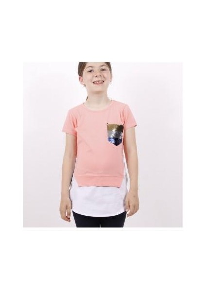Kız Çocuk Göğsü Cepli Pul Nakışlı Tişört