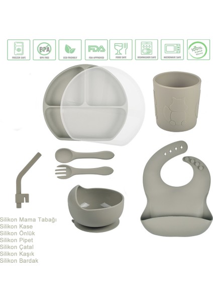 Kapaklı Vakumlu Silikon Beslenme Seti / Gri