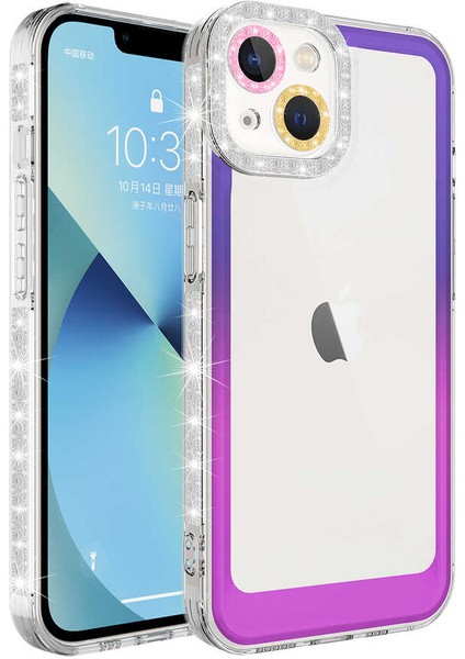 iPhone 14 Plus Uyumlu Simli ve Renk Geçiş Tasarımlı Lens Korumalı Mkst Park Kapak-Pembe-Mavi modelleri