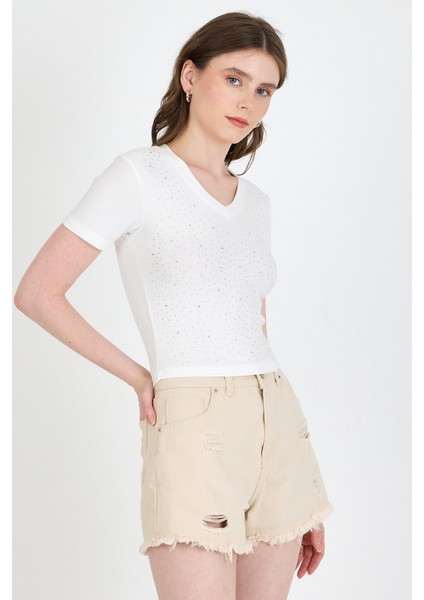 Ekru Taş Işleme Detaylı V Yaka Slim Fit Tişört 0949 fiyatları